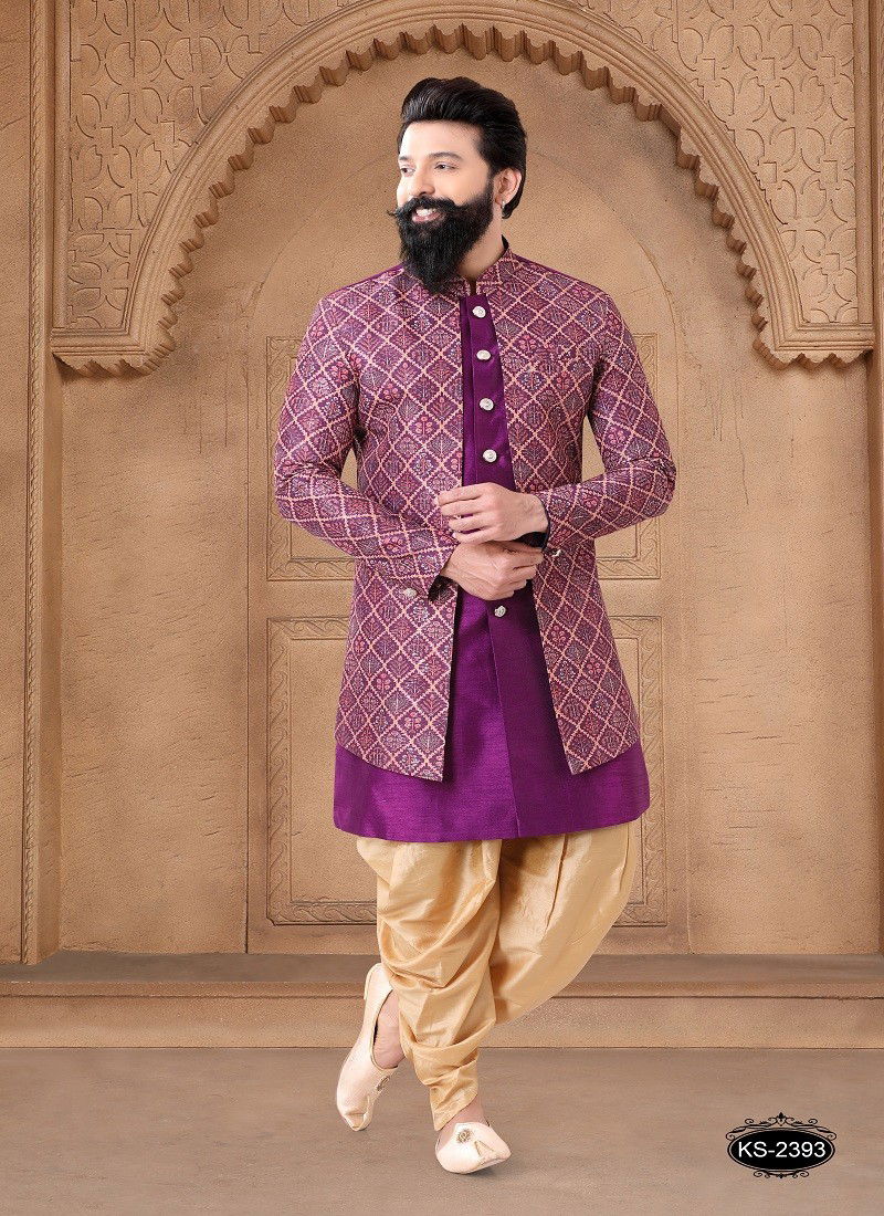 Purple And Gold Colour 1632 Wedding Mens Wear Silk Indo Western Suppliers In India 1632-KS 2393