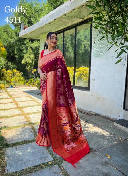 Purple And Red Colour Goldy By Fashion Lab Printed Saree Catalog 4511