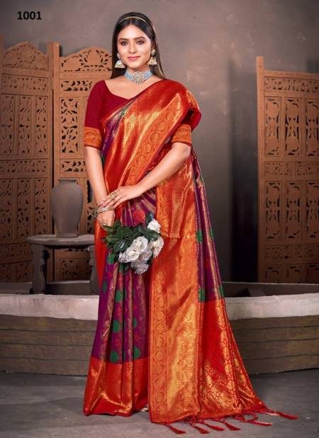 Purple And Red Colour Rajhans By Sangam Silk Saree Catalog 1001