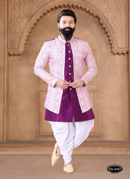 Purple And White Colour 1632 Wedding Mens Wear Silk Indo Western Suppliers In India 1632-KS 2401