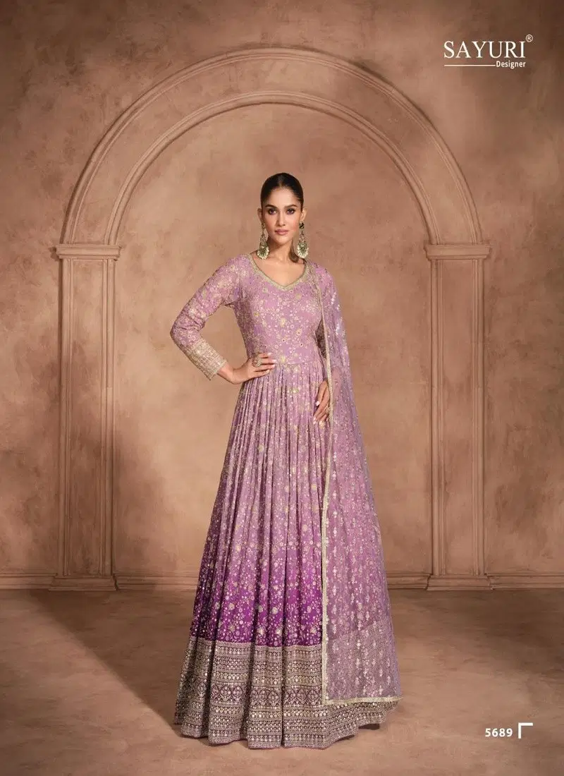 Purple Colour Aditi By Sayuri Georgette Wedding wear Gown With Dupatta Exporters In India 5689