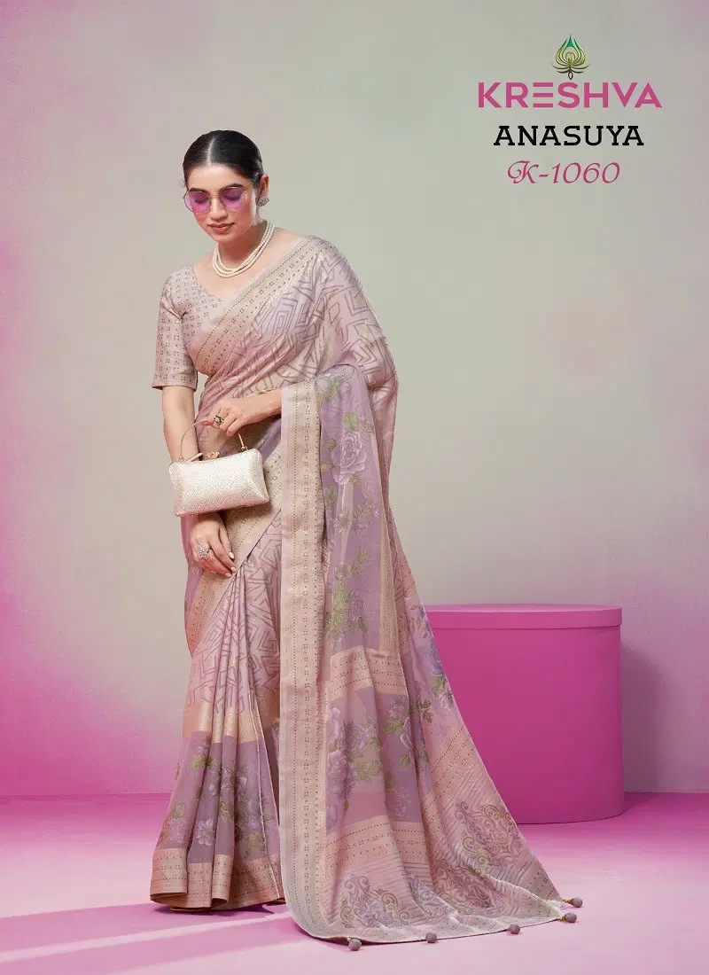 Purple Colour Anasuya By Kreshva Lux PV Georgette Printed Saree Orders In India K-1060