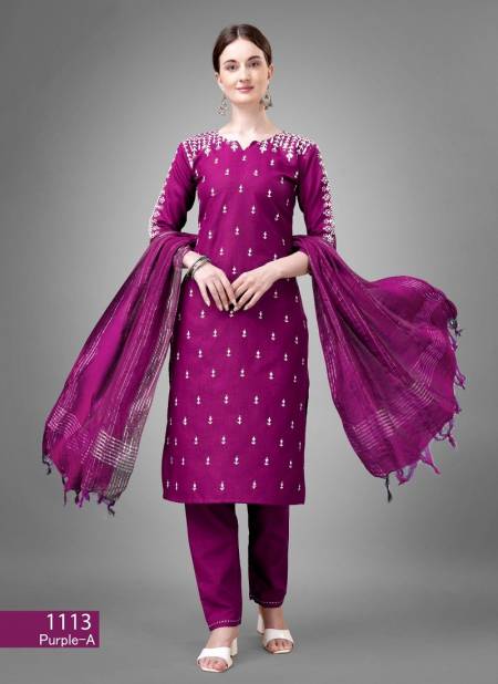 Purple Colour Aradhna Cotton Blend With Embroidery Kurti Bottom With Dupatta Catalog 1113 G