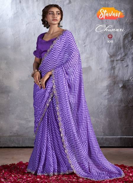 Purple Colour Chunari By Stavan Designer Chiffon Embroidery Sarees Wholesale Price In Surat 1011