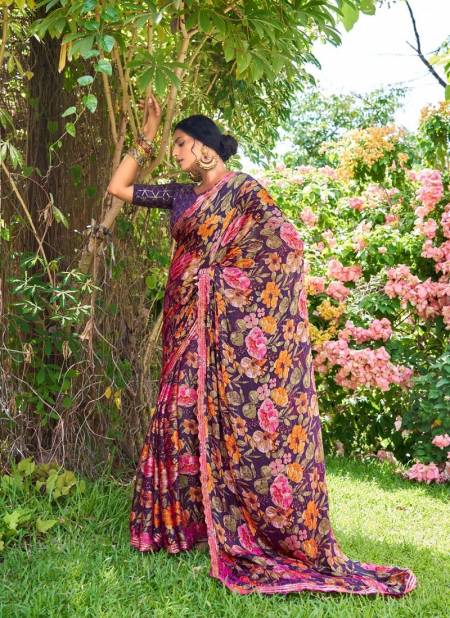 Purple Colour Feena By Stavan 3D Velvet Chiffon Embroidery Saree Exporters In India 1004