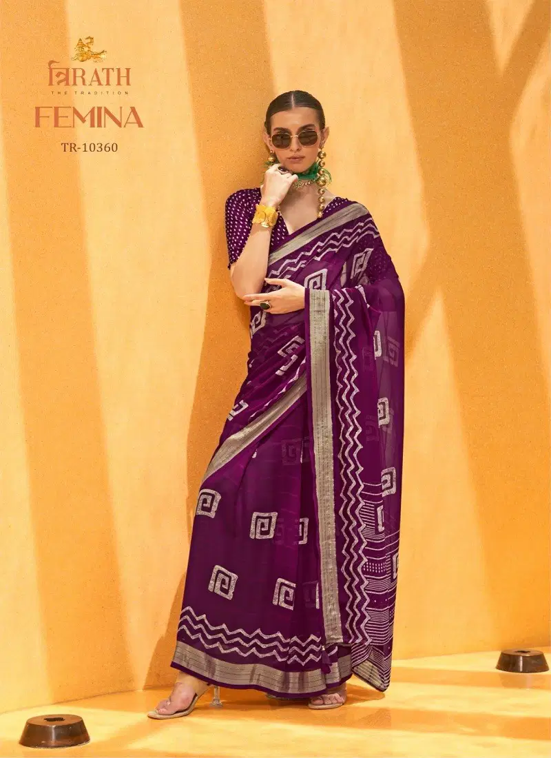 Purple Colour Femina By Trirath Daani Georgette Foil Printed Saree Orders In India TR-10360