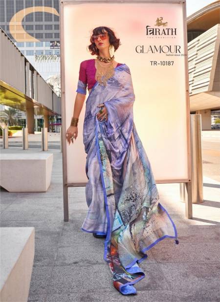 Purple Colour Glamour By Trirath Swiss Satin Digital Printed Saree Wholesalers In Delhi 10187