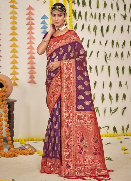 Purple Colour Gunjeshwari Silk Sangam Wedding Wear Wholesale Silk Sarees Catalog 3477