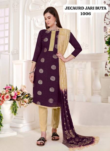 Purple Colour Jacquard Jari Butta By Rahul Nx Jacquard With Tai Button Dress Material Catalog 1006