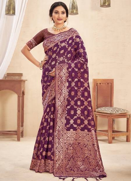 Purple Colour Kailash Sangam Wedding Wear Heavy Wholesale Cotton Sarees Catalog 3655