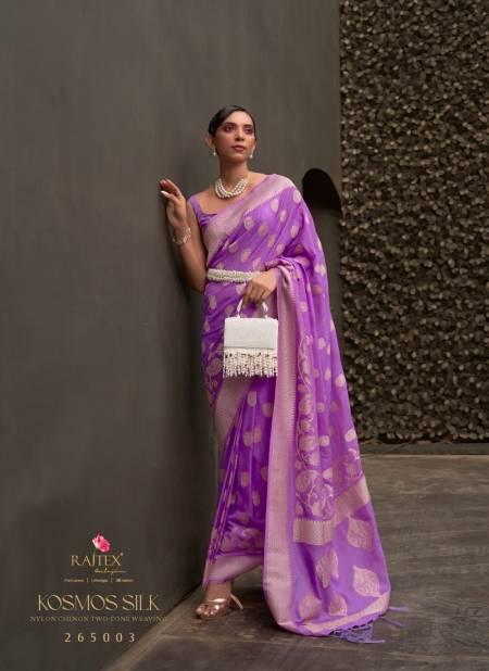 Purple Colour Kosmos Silk By Rajtex Chinon Two Tone Weaving Designer Saree Catalog 265003