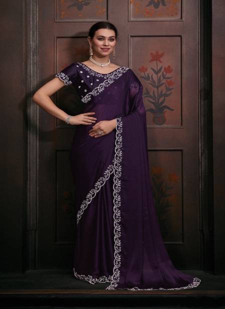 Purple Colour Mehek 752 A TO F Pure Satin Chiffon Party Wear Saree Wholesale Clothing Distributors In India 752-F