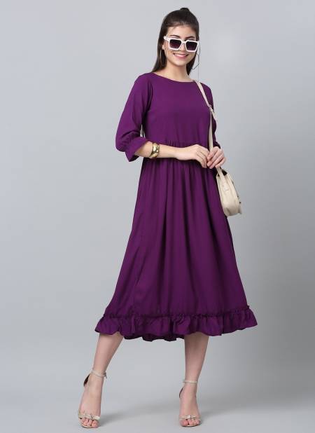 Purple Colour Raisin American Crepe Party Wear Western Midi Dress Catalog OLRF0015