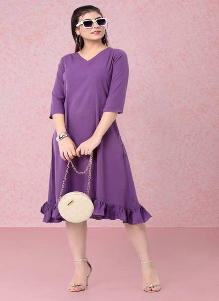 Purple Colour Raisin American Crepe Party Wear Western Midi Dress Catalog OLRF0031