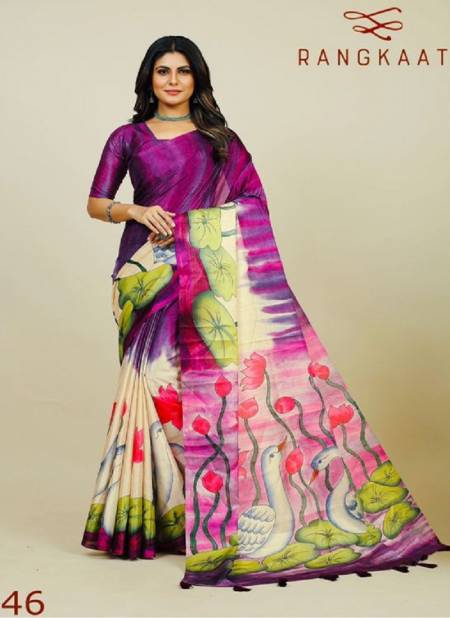 Purple Colour Rangkaat 44 To 49 Tusser Silk Printed Wholesale Saree Suppliers In Mumbai 46