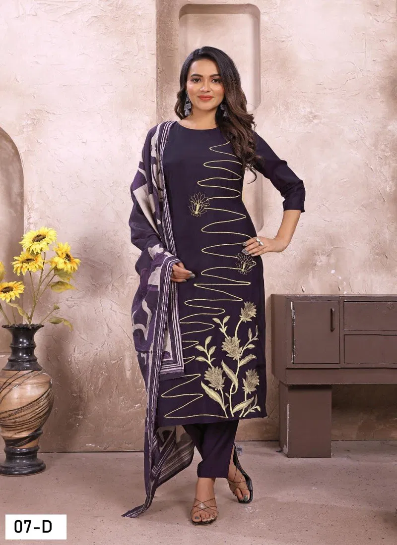 Purple Colour Rudra Vol 1 By NSF Roman Silk Embroidery Kurti With Bottom Dupatta Orders In India 07-D