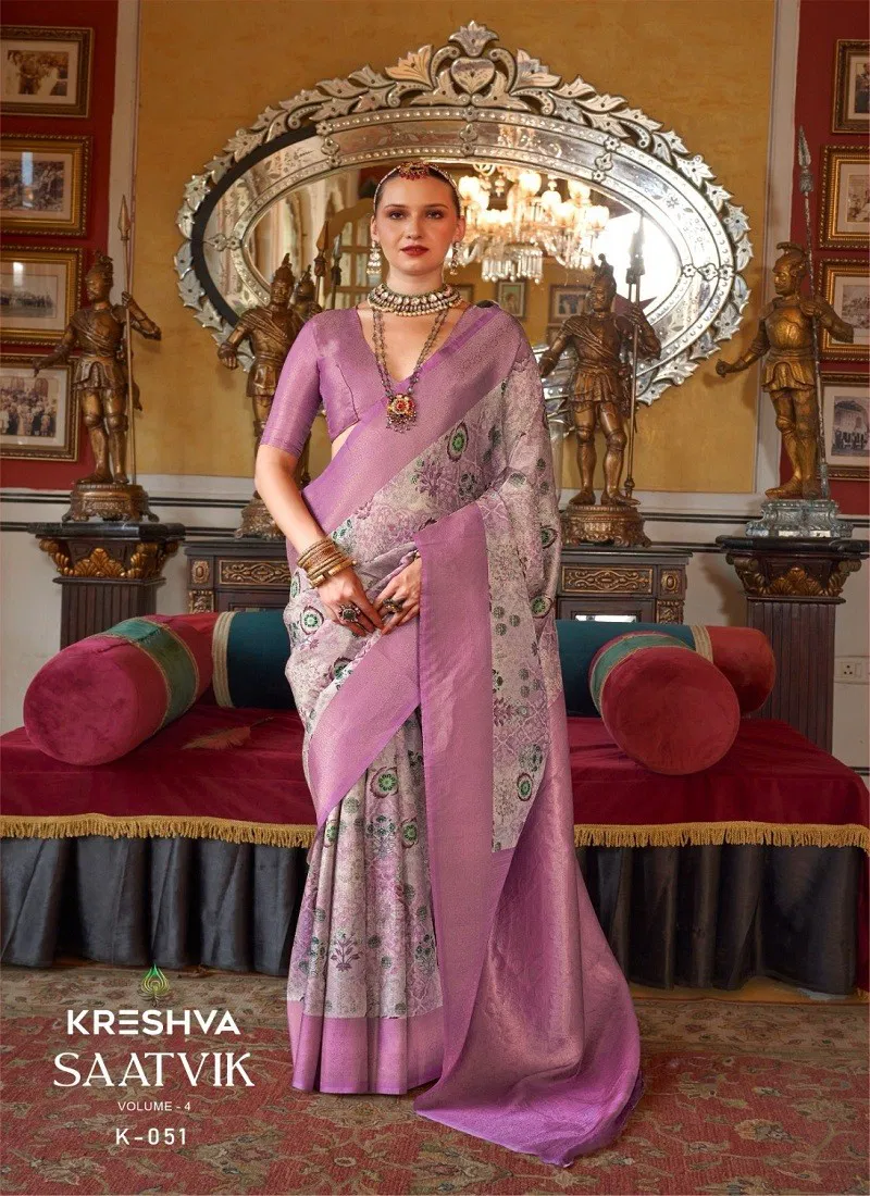 Purple Colour Saatvik Vol 4 By Kreshva Tusser Silk Digital Printed Saree Orders In India K-051