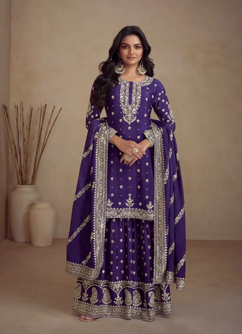 Purple Colour Sadaf By Gulkayra Real Chinon Plazoo Readymade Suits Supplier In India 7466-A