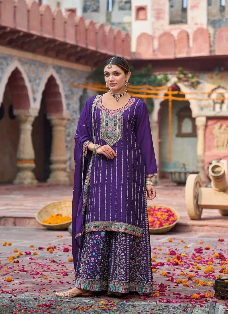 Purple Colour Sehenaaz By Eba Chinon Embroidered Ready Made Suits Suppliers In India 1794