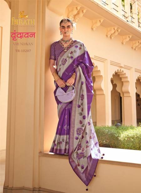 Purple Colour Vrundavan By Trirath Pv Silk Flower Foil Printed Saree Wholesale Shop In Surat TR-10207