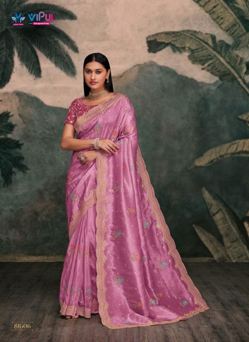 Purple Colour Zari By Vipul Organza Party Wear Saree Wholesale Shop In India 81606