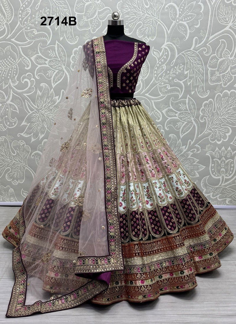 Purple Multi Colour 2714 A And 2714 B by Anjani Silk Embroidery Bridal Lehenga Choli Exporters In India 2714B