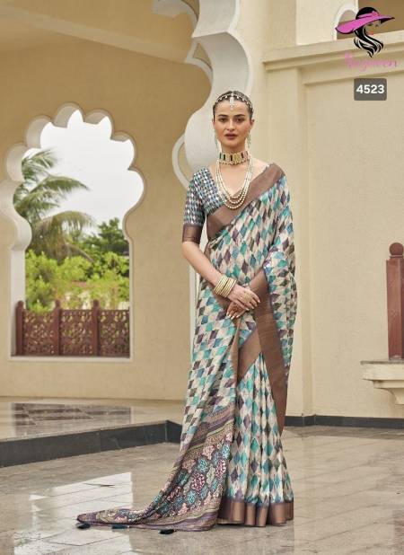 Rama And Multi Colour Nirvi By Nazneen Silk Digital Printed Designer Saree Catalog 4523