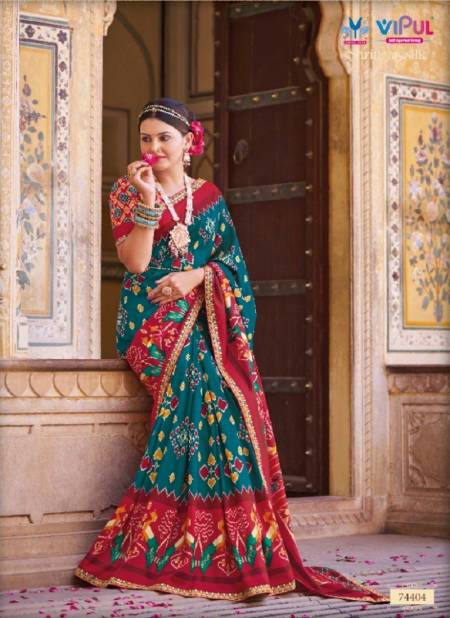 Rama And Red Colour Shringar Silk By Vipul Patola Silk Embroidery Lace Work Designer Saree Catalog 74404