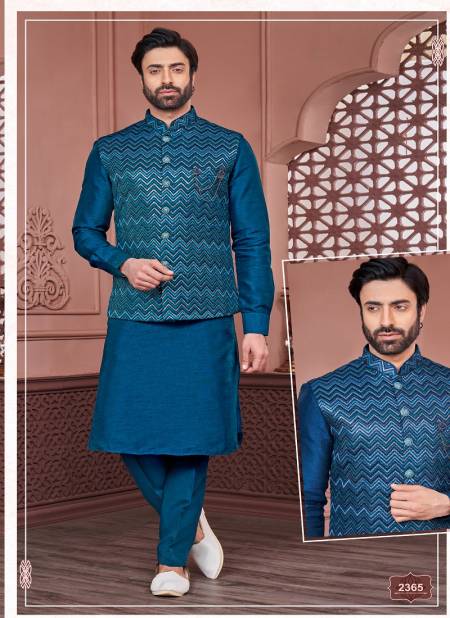 Rama Blue Colour Designer Party Wear Art Banarasi Silk Mens Modi Jacket Kurta Pajama Wholesale Online 2365