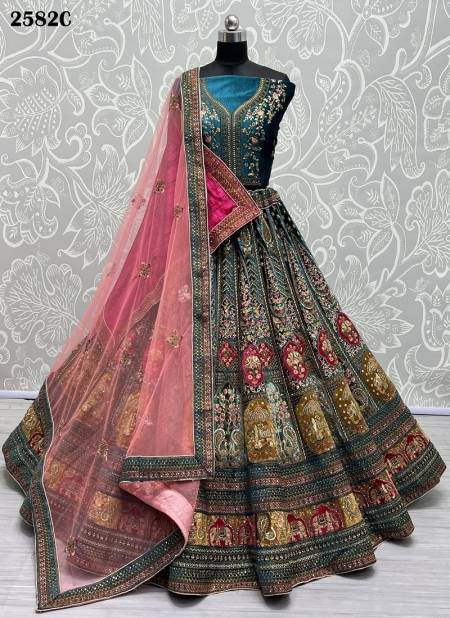 Rama Colour Anjani Art Velvet Embroidered Multi Thread Work Bridal Lehenga Choli Catalog 2582 C