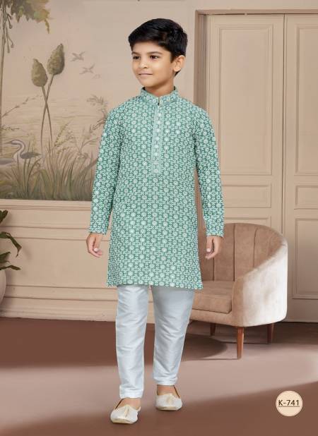 Rama Green And Off White Colour Kids Vol 4 Boys Wear Kurta Pajama And Indo Western Catalog K 741