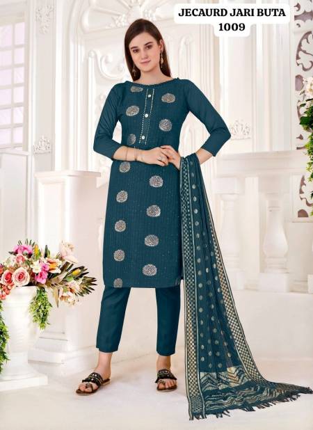 Rama Green Colour Jacquard Jari Butta By Rahul Nx Jacquard With Tai Button Dress Material Catalog 1009