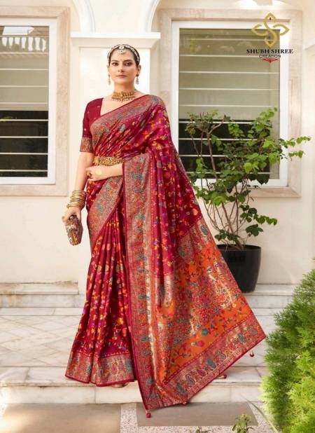Rani Colour Pashmina By Shubh Shree Velvet Tussar Silk Designer Saree Catalog 1004