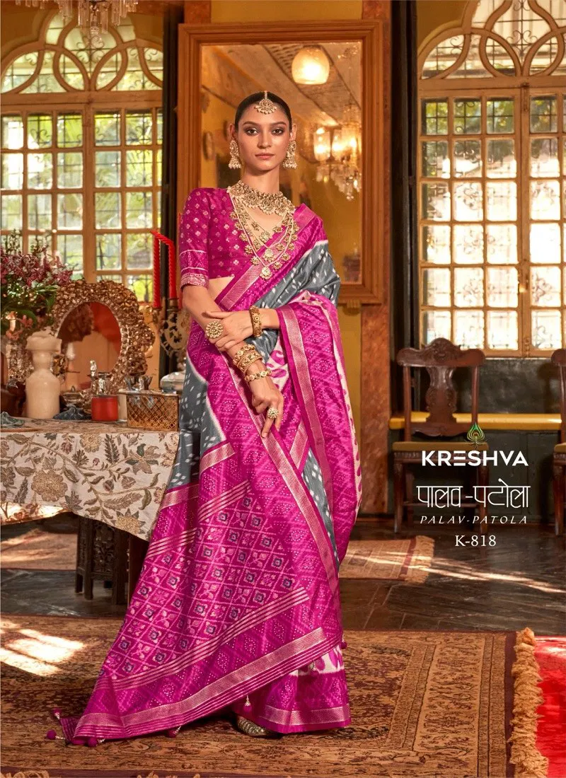 Rani Grey Colour Palav Patola By Kreshva Pv Silk Designer Saree Suppliers In India K 818