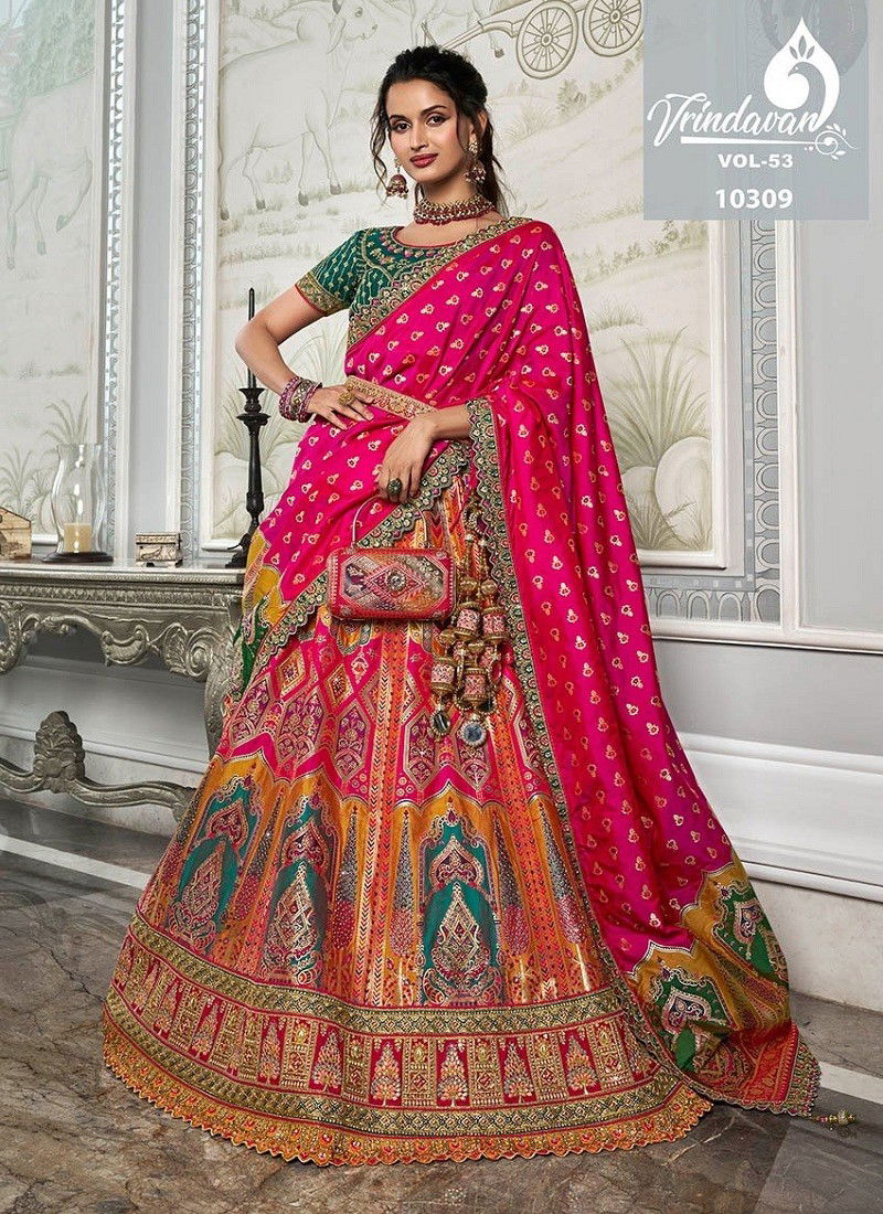 Rani Multi Colour Royal Vrindavan Vol 53 Banarasi Silk Bridal Lehenga Choli Orders In India 10309