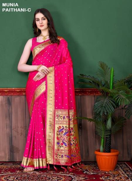 Rani Pink Colour Munia Paithani A To J by Murti Nx Printed Silk Surat Saree Wholesale Market Munia Paithani-C