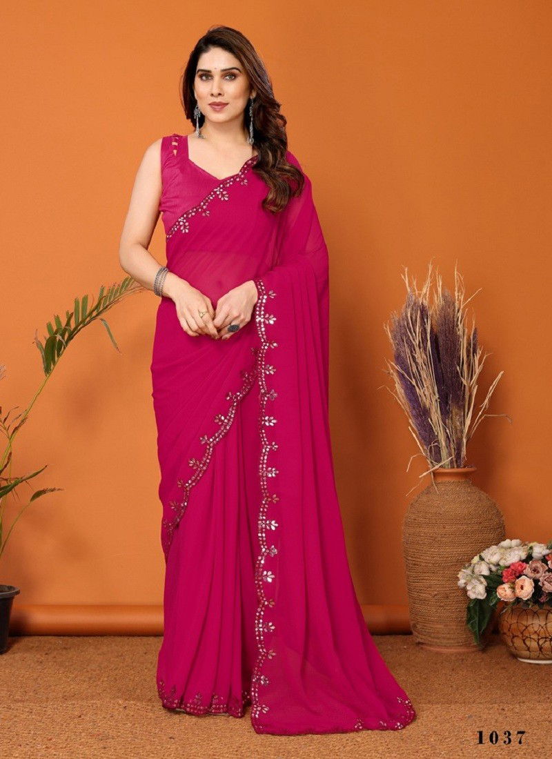 Rani Pink Colour Starwalk Vol 5 By S Walk Georgette Mirror Designer Saree Wholesale Price In Surat 1037