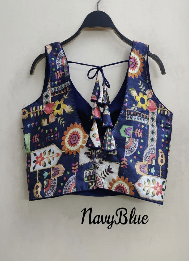 Raw Print Fancy Wear Wholesale Designer Blouses 8 Navy Blue