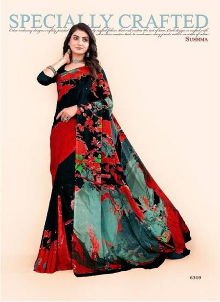 Red And Black Colour Modern Classy By Sushma Digital Printed Crape Saree Surat Wholesale Market 6309