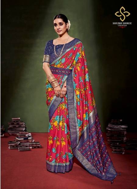 Red And Blue Colour Anusharam By Shubh Shree Velvet Tussar Silk Designer Saree Catalog 1007