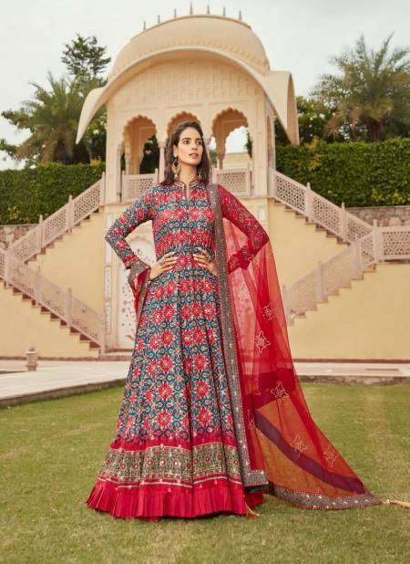 Red And Blue Colour Gajgamini By Virasat Pure Dolla Jacquard Gown With Dupatta Catalog 12008