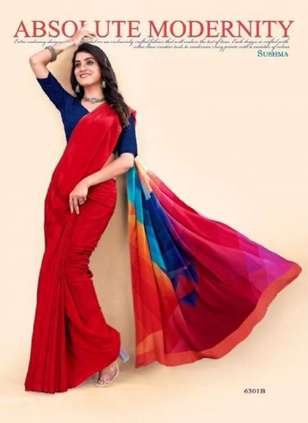 Red And Blue Colour Modern Classy By Sushma Digital Printed Crape Saree Surat Wholesale Market 6301B
