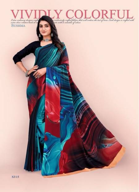 Red And Blue Colour Modern Classy By Sushma Digital Printed Crape Saree Surat Wholesale Market 6315