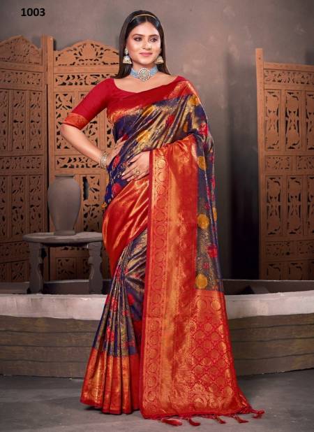 Red And Blue Colour Rajhans By Sangam Silk Saree Catalog 1003