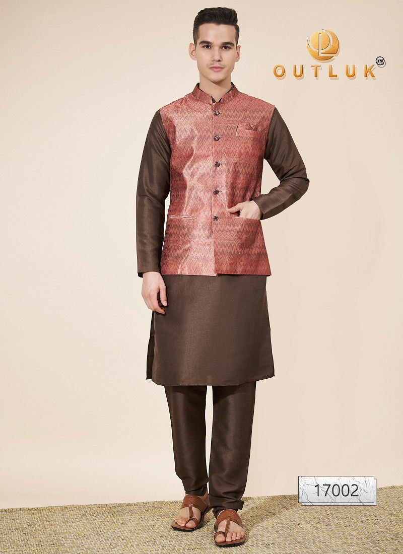 Red And Brown Colour Outluk Wedding Collection Vol 17 Jaquard Mens Modi Jacket Kurta Pajama Exporters In India 17002