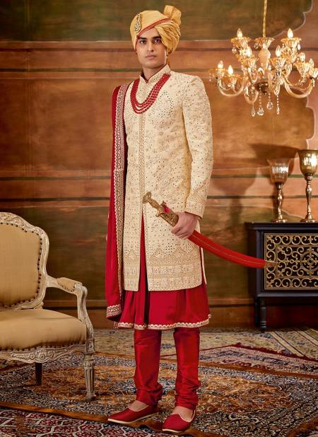 Red And Cream Colour Heavy Wedding Wear Wholesale Sherwani Catalog 1009