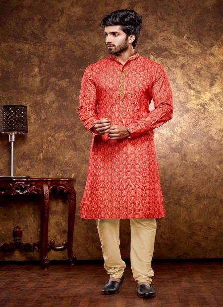 Red And Gold Colour 1631 Function Mens Wear Poly Cotton Digital Printed Kurta Pajama Exporters In India 1631-3
