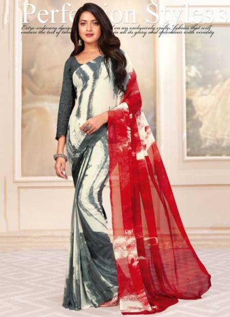 Red And Gray Colour Fashion Fusion Designer Wholesale Dailywear Sarees Catalog 205