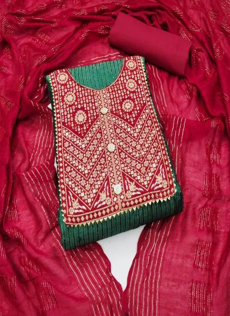 Red And Green Colour Cross Head Banarasi Gala Cotton Dress Material Catalog 1