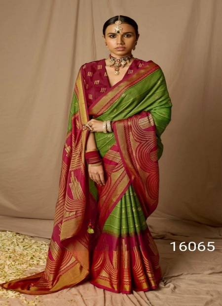Red And Green Colour Meera Soft Silk By Kimora Soft Brasso Silk Designer Saree Catalog P 16065